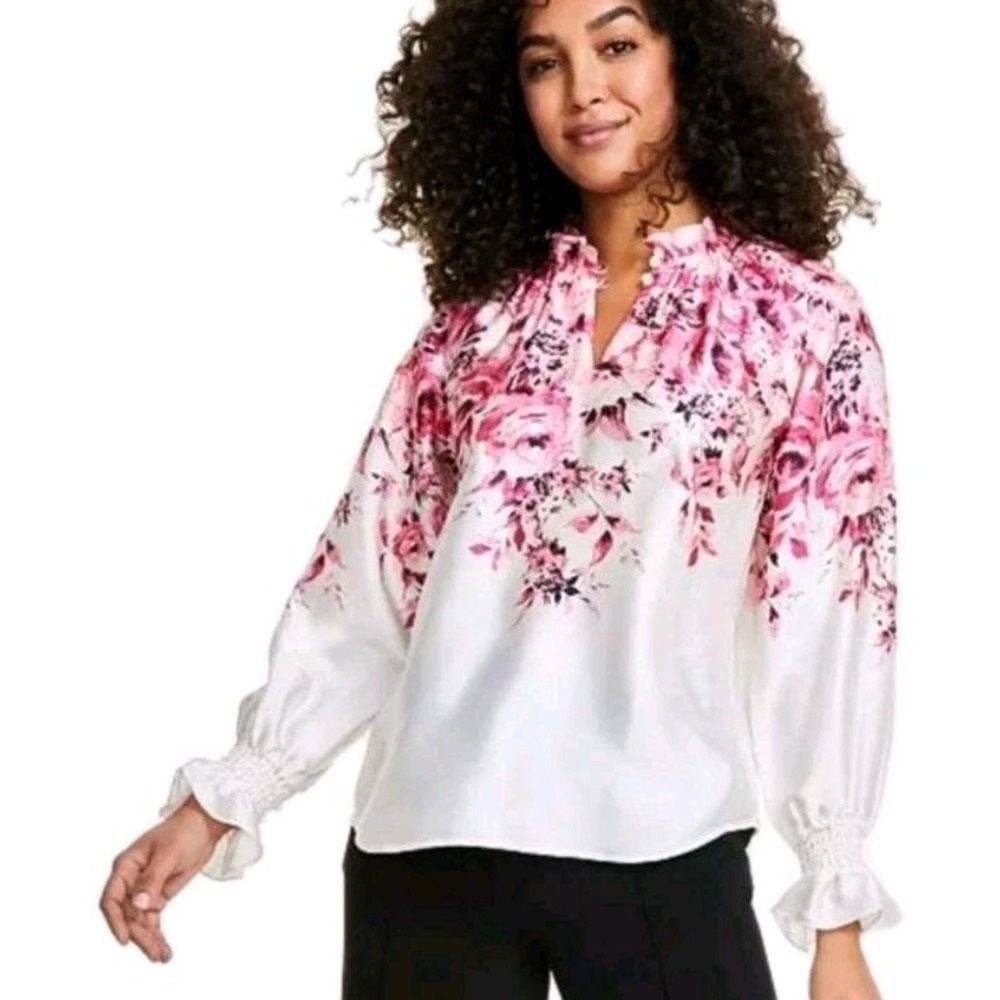 Anne Klein Printed Ruffle-Neck Long-Sleeve Satin Top Size XXL